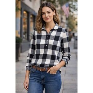 Tommy Hilfiger Women's Plaid Cotton Popover‎ Shirt Black White Preppy Casual Lg